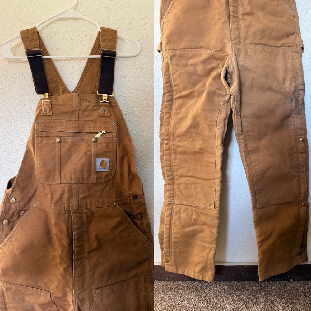 Carhartt R41 BRN Quilt Lined Duck Canvas Distressed Overalls Mens 36x34 Brown - Picture 3 of 6